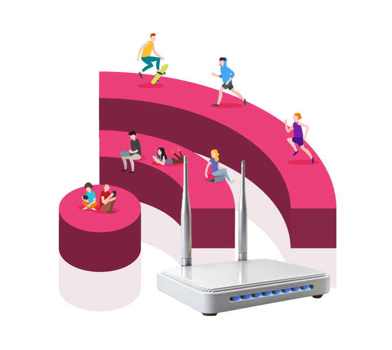 Illustration of a modem with large, stylized Wi-Fi signals as an area, featuring people using fast internet on various devices, representing affordable and efficient NBN network plans for every budget.